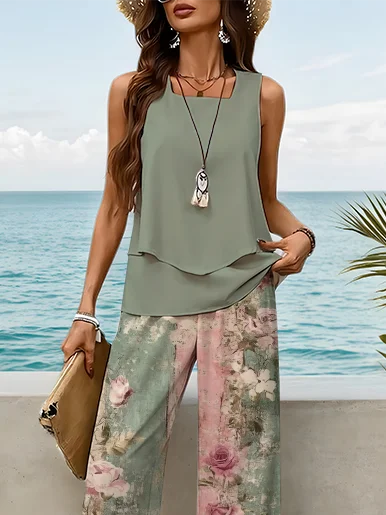 Women Floral Printing Two-Piece Set Daily Sleeveless Casual Summer Top With Pants Matching Set