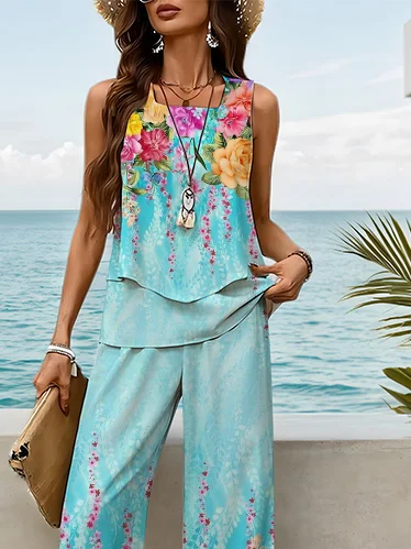 Women Floral Printing Two-Piece Set Daily Sleeveless Casual Summer Top With Pants Matching Set