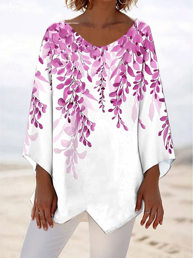 Women Plants Long Sleeve Blouse Spring/Fall V Neck Daily Casual Top