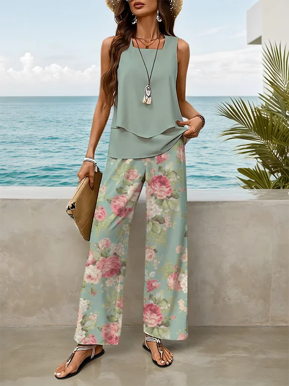 Women Floral Printing Two-Piece Set Daily Sleeveless Casual Summer Top With Pants Matching Set