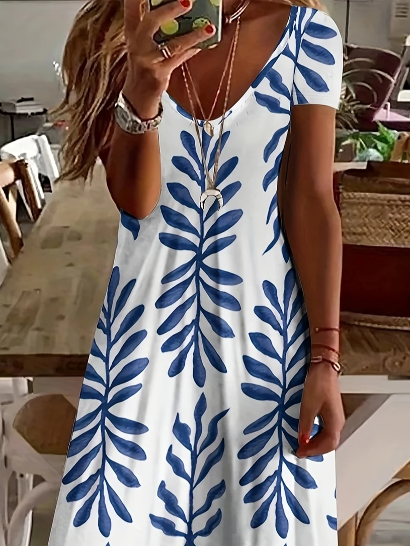Women Floral Short Sleeve Summer Printing Dress V Neck Daily Casual Maxi X-Line Dress