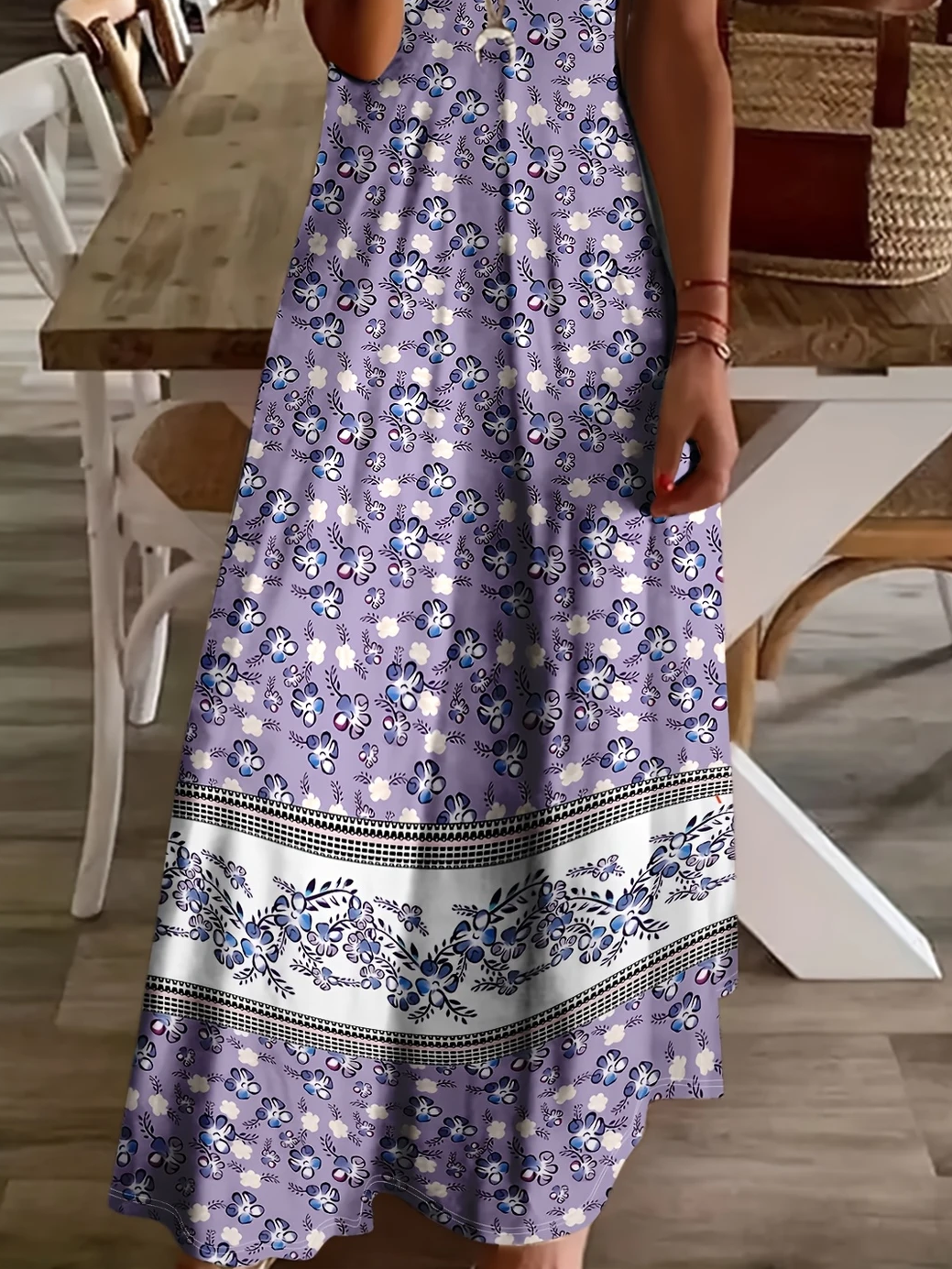 Women Floral Short Sleeve Summer Printing Dress V Neck Daily Casual Maxi X-Line Dress