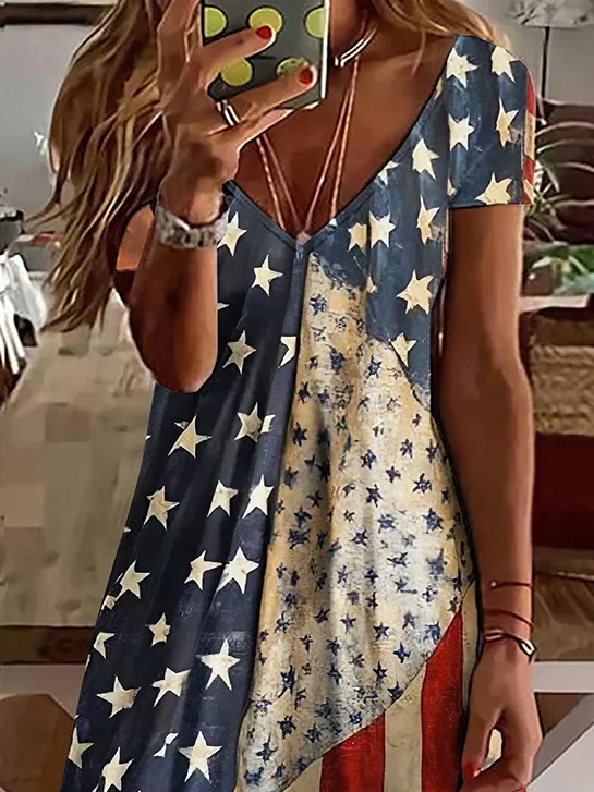 Women Independence Day (Flag) Short Sleeve Summer Printing Dress V Neck Daily Casual Midi Classic A-Line Dress