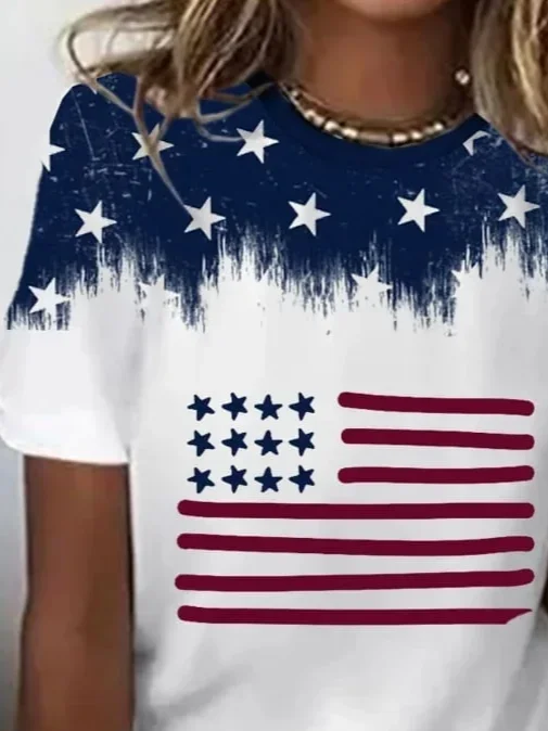 Women Independence Day (Flag) Short Sleeve Tee T-shirt Crew Neck Printing Casual Summer Graphic Tee Top