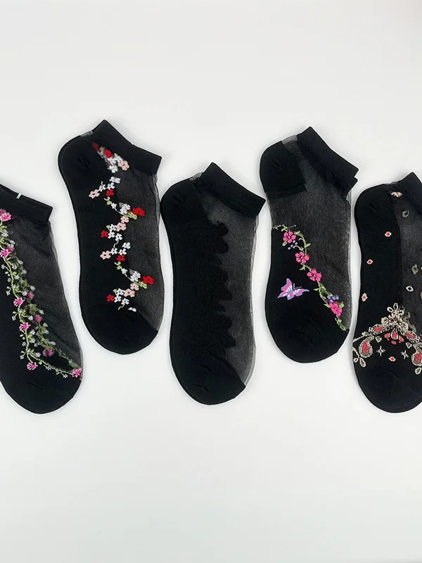 Hot Sale Ladies Short Tube Crystal Stockings Spring And Summer Thin Embroidered Glass Silk Women's Stockings Middle-aged And Elderly Non-slip Socks