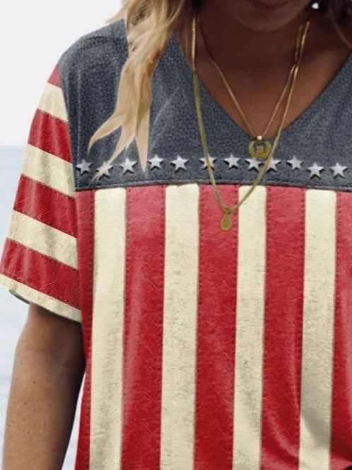 Women Independence Day (Flag) Short Sleeve Tee T-shirt V Neck Printing Casual Summer Graphic Tee Top