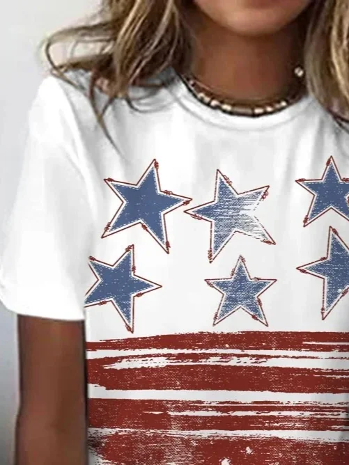 Women Star Short Sleeve Tee T-shirt Crew Neck Printing Casual Summer Graphic Tee Top