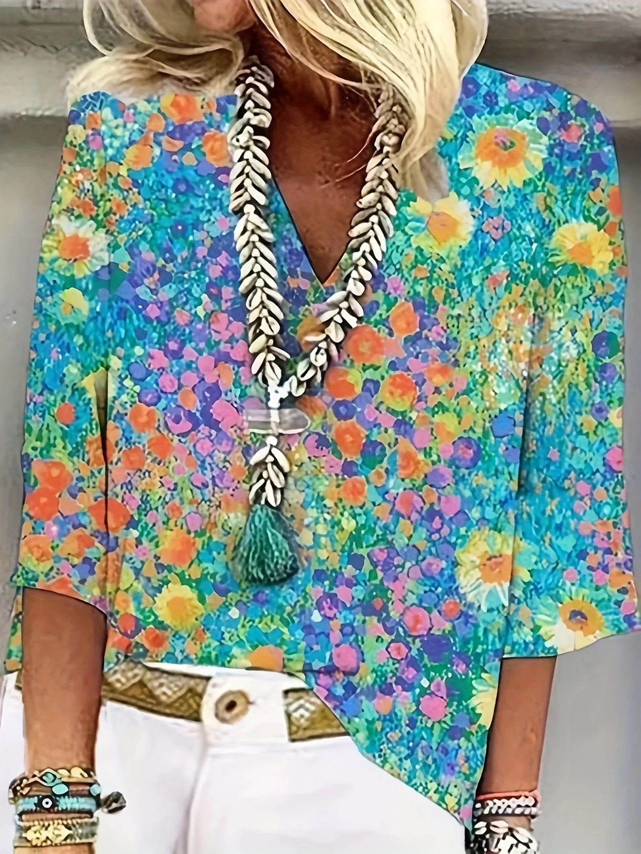 Women Floral Three Quarter Sleeve Blouse Spring/Fall Printing V Neck Daily Casual Top