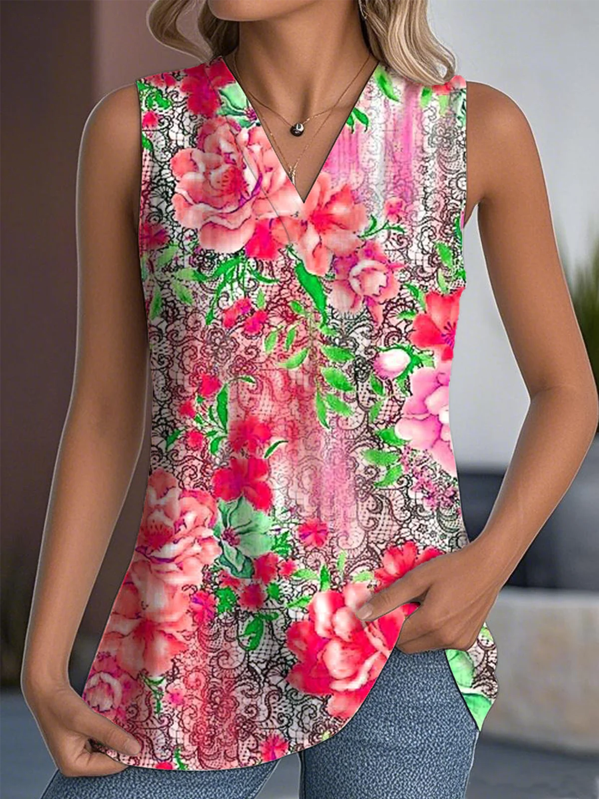 Women Sleeveless Tank Top Camisole Summer Floral V Neck Daily Casual Top