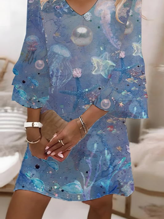 Women Marine Life Half Sleeve Summer Printing Dress V Neck Daily Casual Maxi H-Line Dress