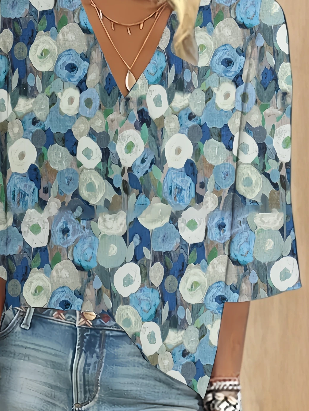 Women Floral Three Quarter Sleeve Blouse Spring/Fall Printing V Neck Daily Casual Top