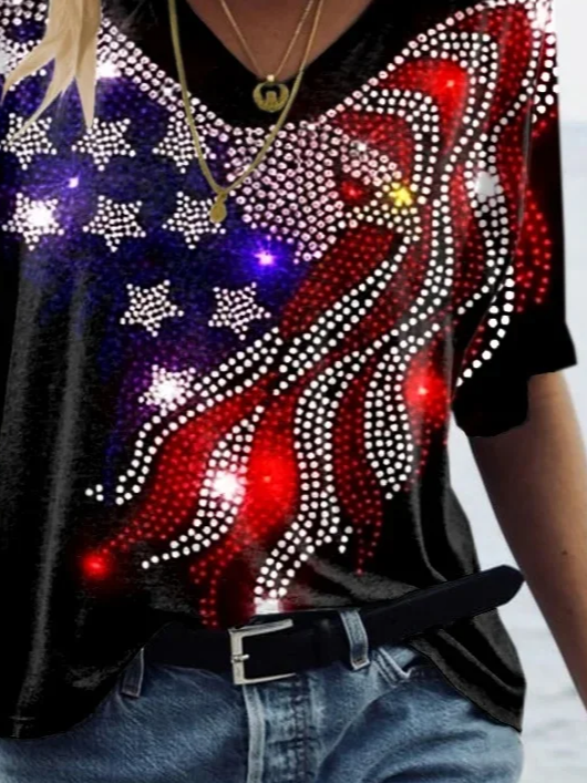 Women Independence Day (Flag) Short Sleeve Tee T-shirt V Neck Printing Casual Summer Graphic Tee Top