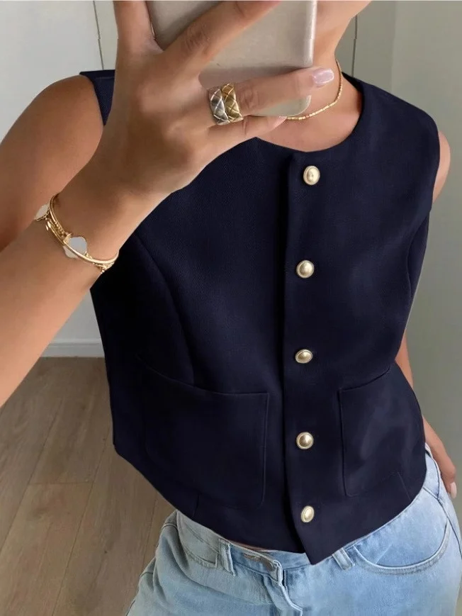 Women Sleeveless Tank Top Camisole Summer Plain Buckle Crew Neck Daily Simple Top