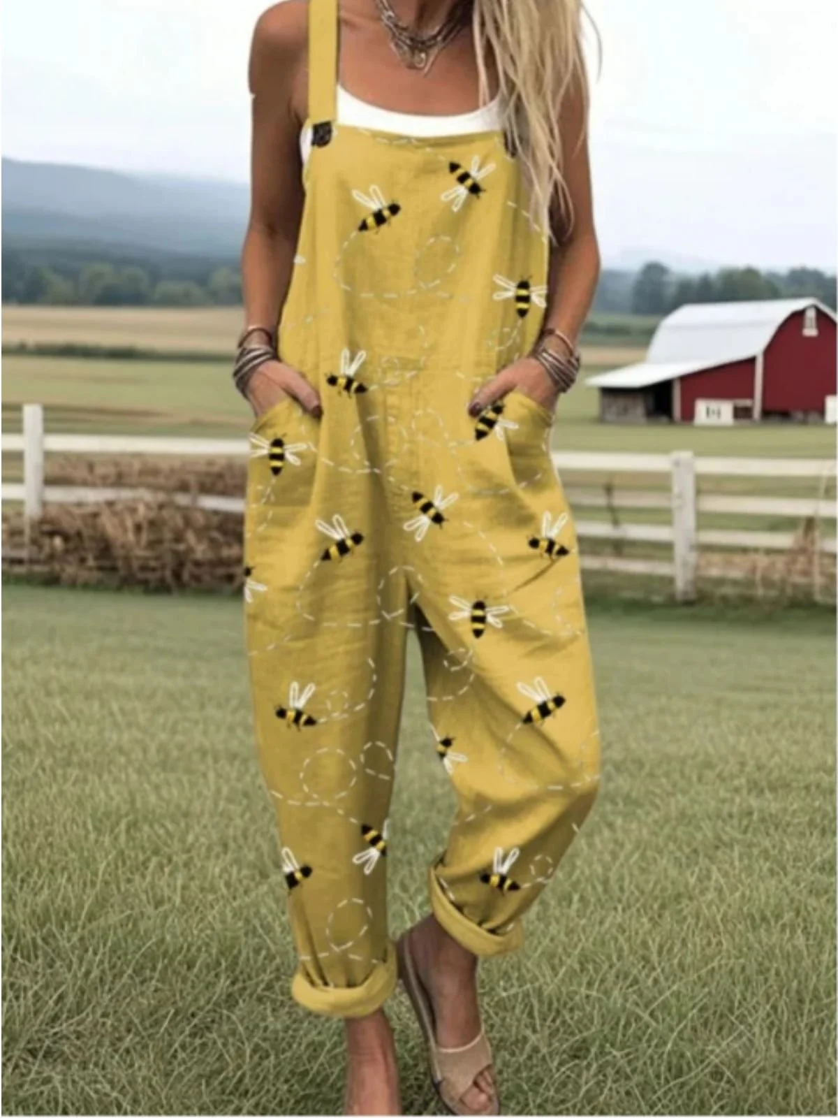 Women Animal Square Neck Gallus Casual Summer Cotton And Linen Jumpsuit