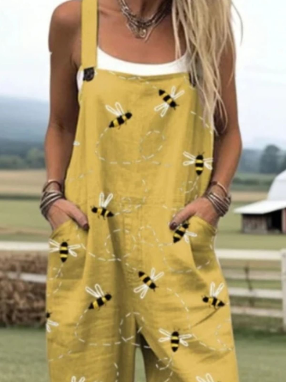 Women Animal Square Neck Gallus Casual Summer Cotton And Linen Jumpsuit