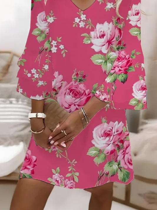 Women Floral Half Sleeve Summer Printing Dress V Neck Daily Casual Maxi H-Line Dress