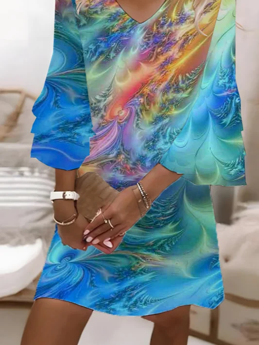 Women Abstract Half Sleeve Summer Printing Dress V Neck Daily Casual Maxi H-Line Dress