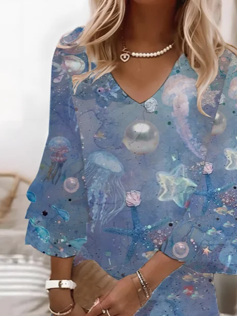 Women Marine Life Half Sleeve Summer Printing Dress V Neck Daily Casual Maxi H-Line Dress