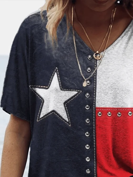 Women Independence Day (Flag) Short Sleeve Tee T-shirt V Neck Printing Casual Summer Graphic Tee Top