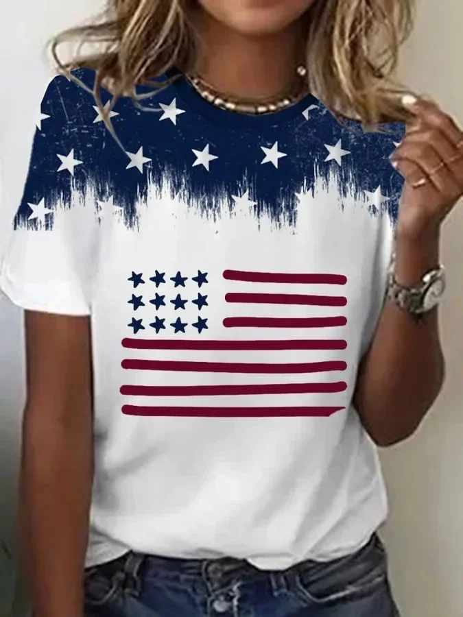 Women Independence Day (Flag) Short Sleeve Tee T-shirt Crew Neck Printing Casual Summer Graphic Tee Top
