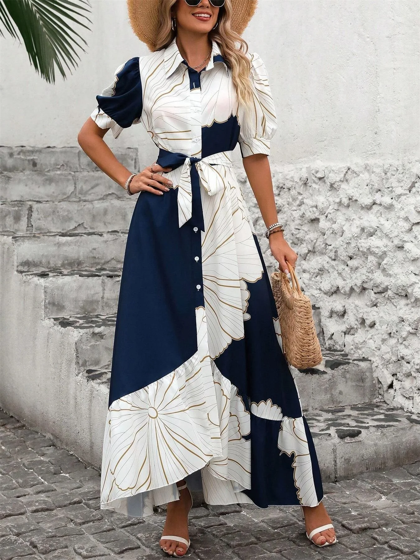 Women Geometric Short Sleeve Summer Printing Dress V Neck Puff Sleeve Daily Casual Maxi Shirt Dress A-Line Dress