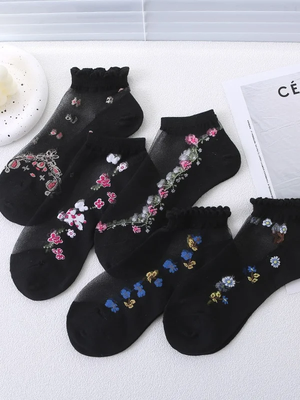 Hot Sale Ladies Short Tube Crystal Stockings Spring And Summer Thin Embroidered Glass Silk Women's Stockings Middle-aged And Elderly Non-slip Socks