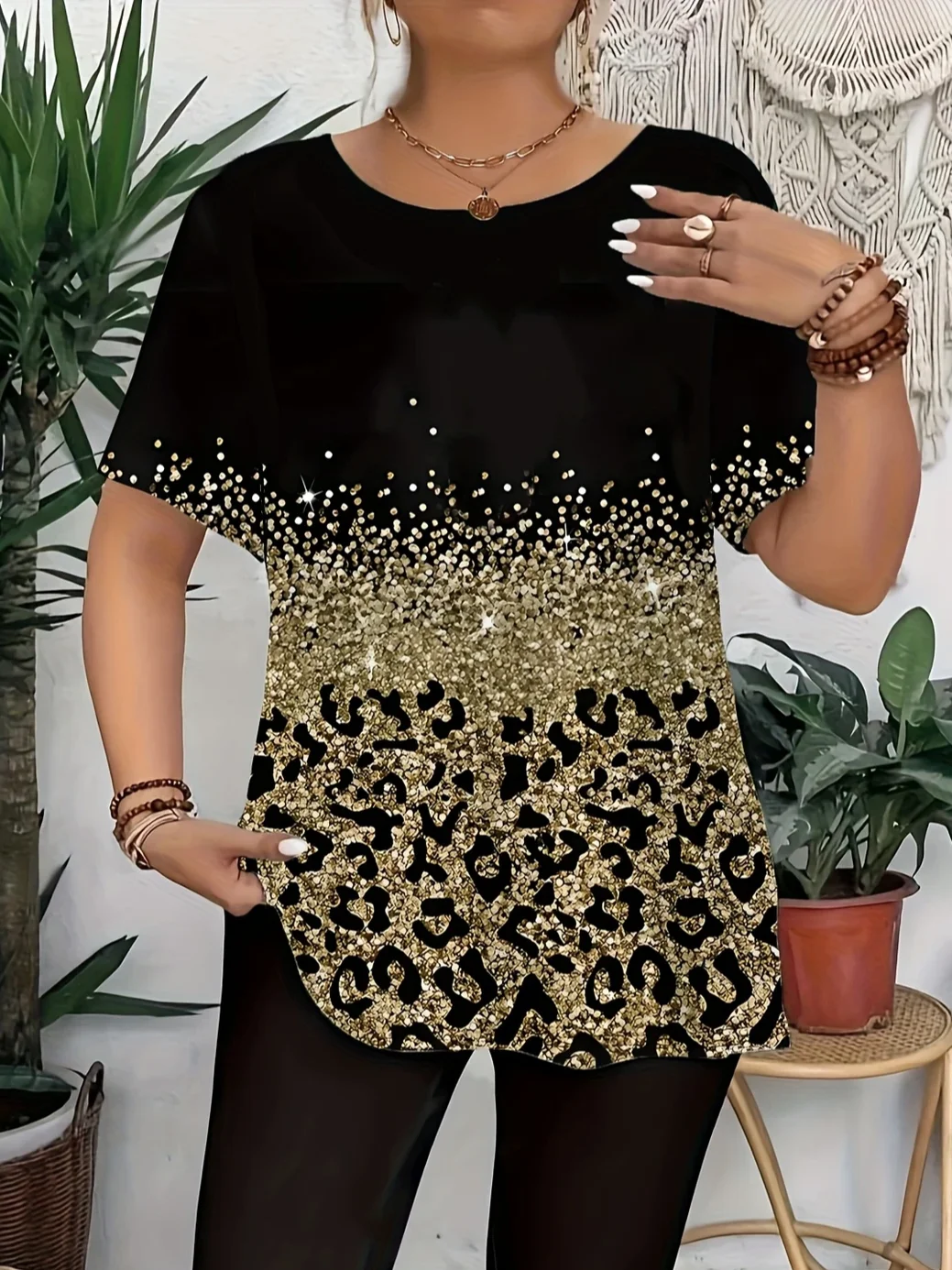 Women Leopard Short Sleeve Tee T-shirt Crew Neck Printing Casual Summer Graphic Tee Top