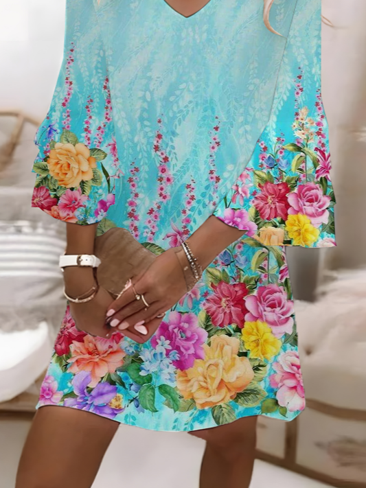 Women Floral Half Sleeve Summer Printing Dress V Neck Daily Casual Maxi H-Line Dress
