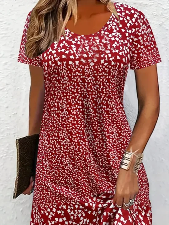 Women Ditsy Floral Short Sleeve Summer Printing Dress Crew Neck Daily Casual Mini Tunic H-Line Dress