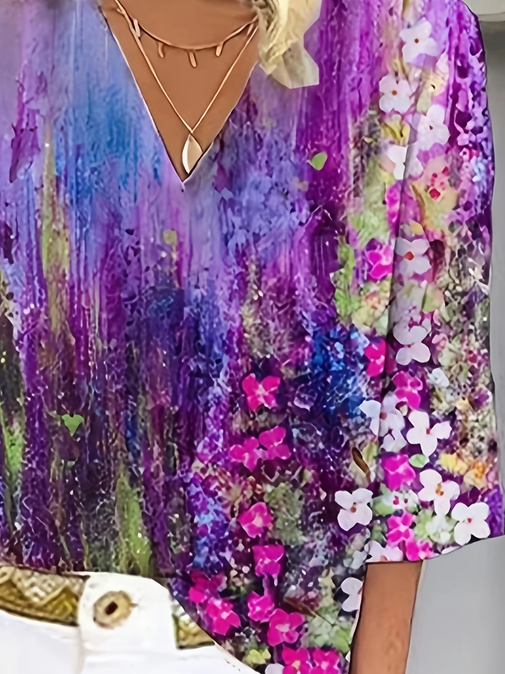 Women Floral Three Quarter Sleeve Blouse Spring/Fall Printing V Neck Daily Casual Top