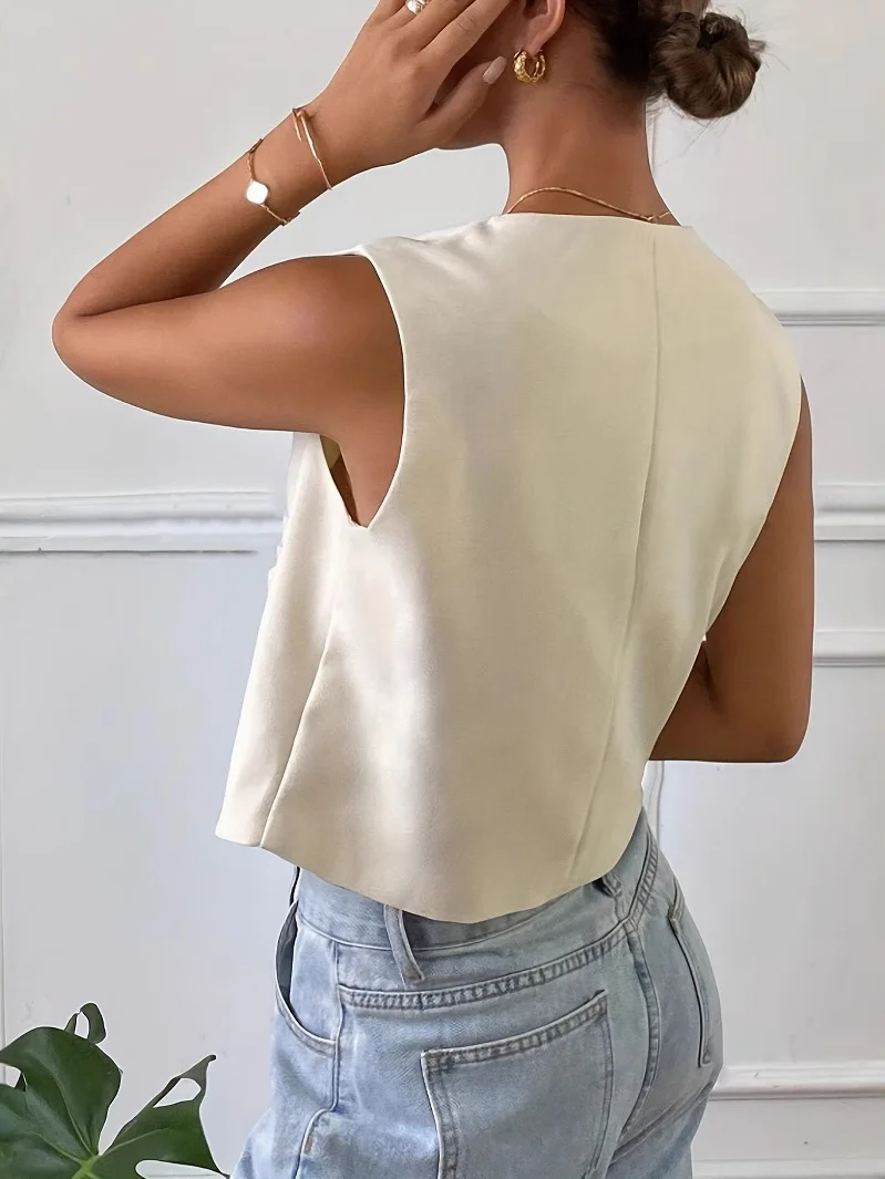 Women Sleeveless Tank Top Camisole Summer Plain Buckle Crew Neck Daily Simple Top