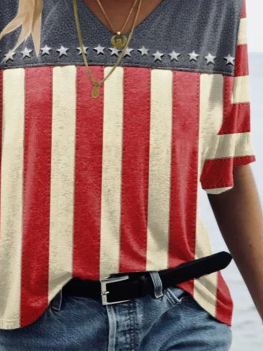 Women Independence Day (Flag) Short Sleeve Tee T-shirt V Neck Printing Casual Summer Graphic Tee Top