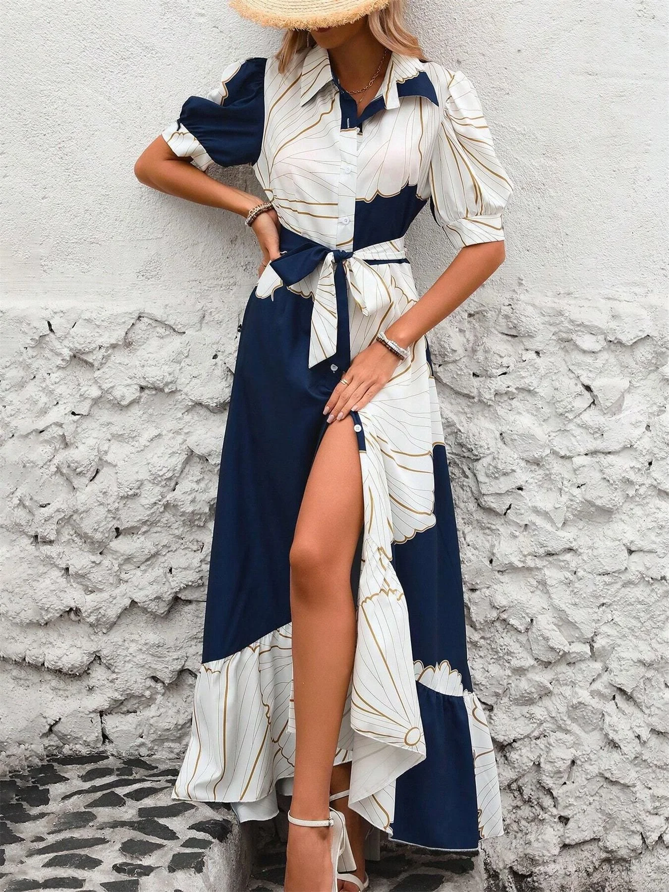 Women Geometric Short Sleeve Summer Printing Dress V Neck Puff Sleeve Daily Casual Maxi Shirt Dress A-Line Dress