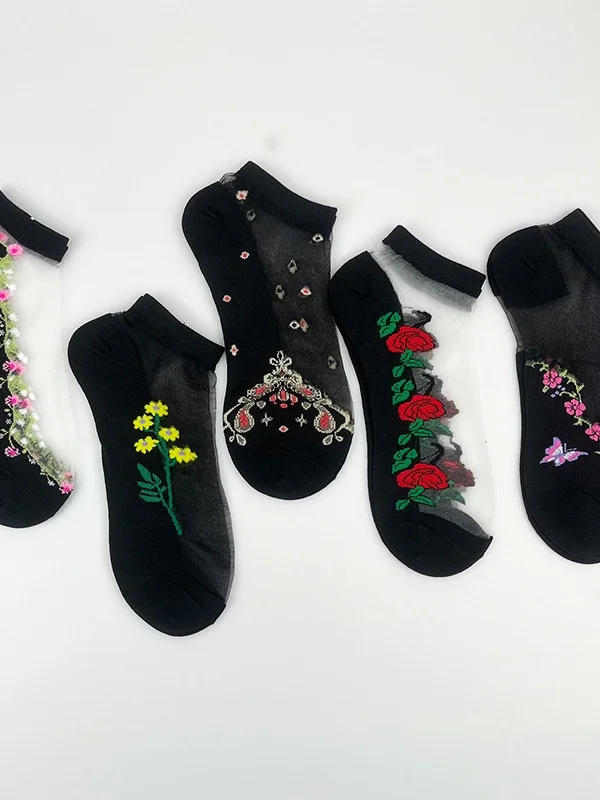 Hot Sale Ladies Short Tube Crystal Stockings Spring And Summer Thin Embroidered Glass Silk Women's Stockings Middle-aged And Elderly Non-slip Socks