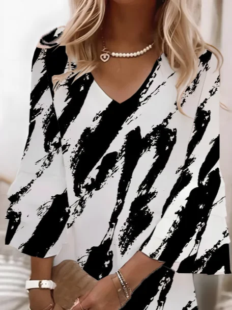 Women Abstract Half Sleeve Summer Printing Dress V Neck Daily Casual Maxi H-Line Dress