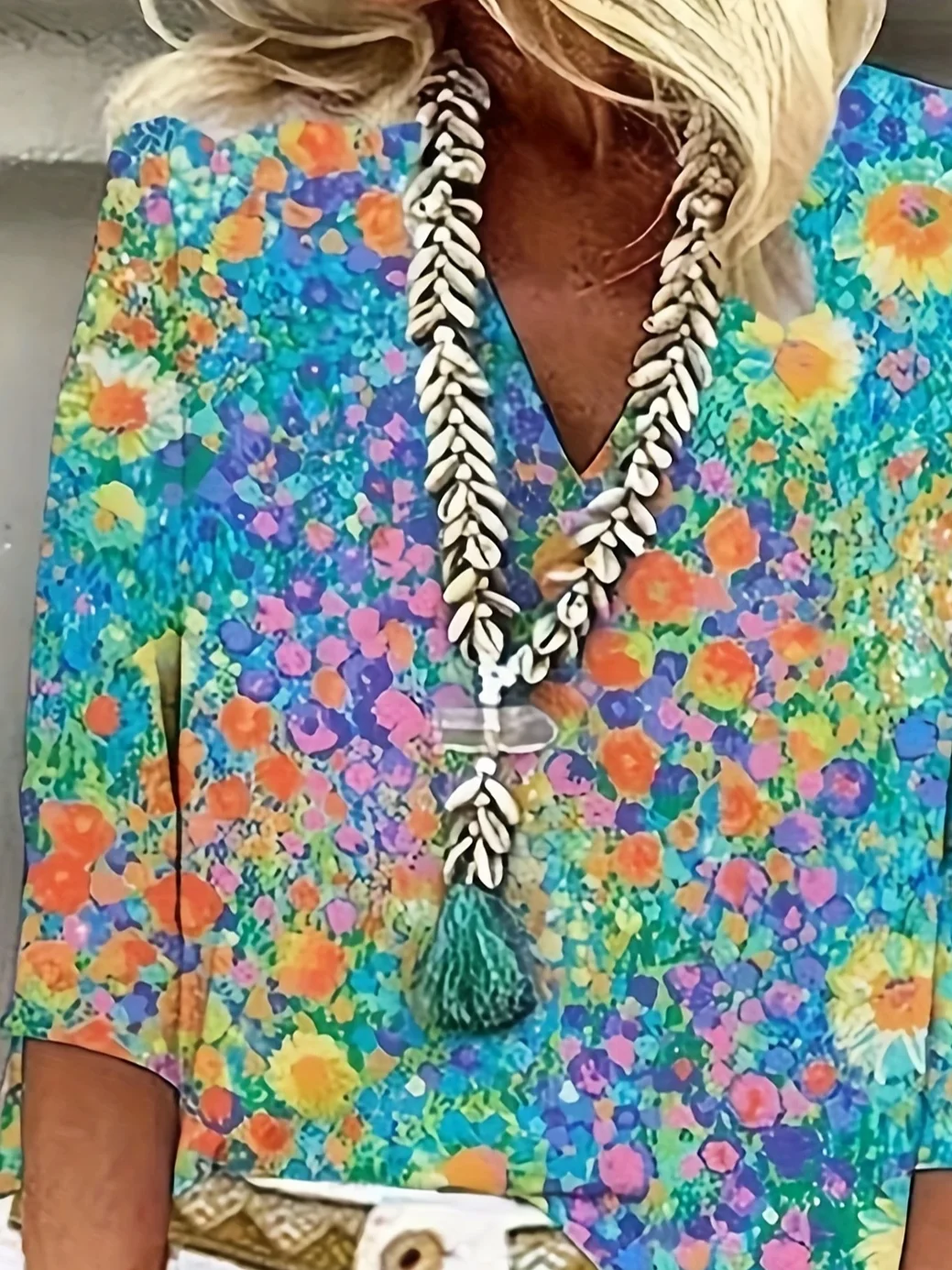 Women Floral Three Quarter Sleeve Blouse Spring/Fall Printing V Neck Daily Casual Top