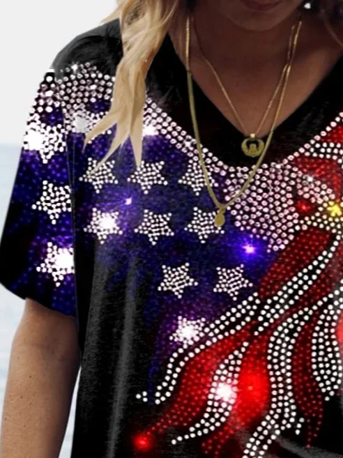 Women Independence Day (Flag) Short Sleeve Tee T-shirt V Neck Printing Casual Summer Graphic Tee Top