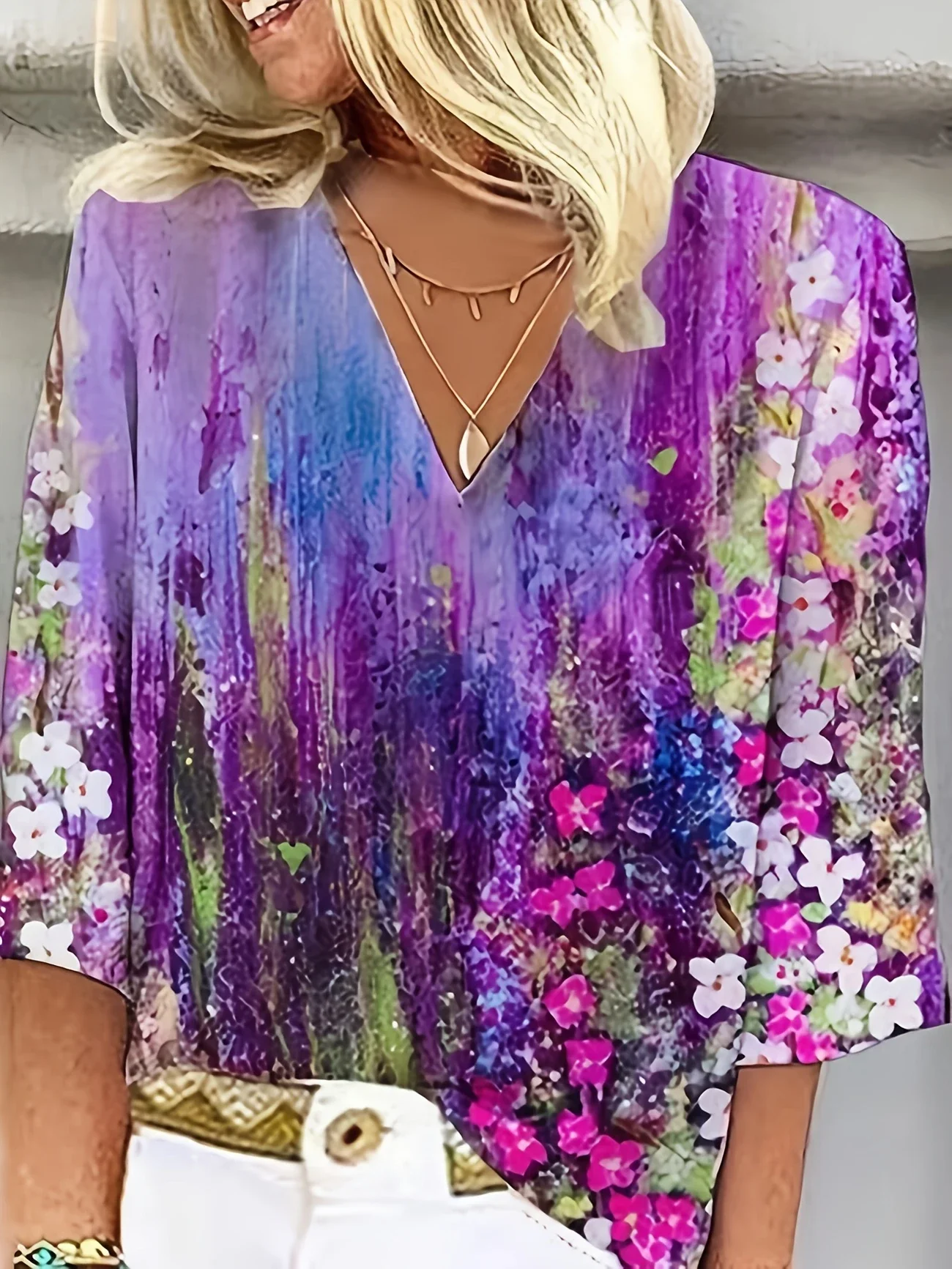 Women Floral Three Quarter Sleeve Blouse Spring/Fall Printing V Neck Daily Casual Top