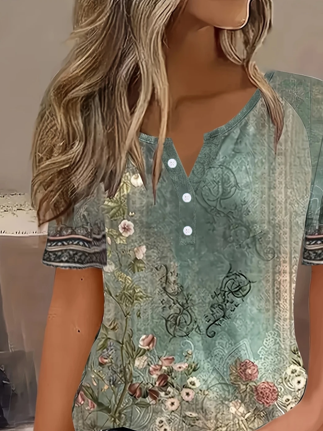 Women Floral Short Sleeve Tee T-shirt Crew Neck Printing Casual Summer Graphic Tee Top
