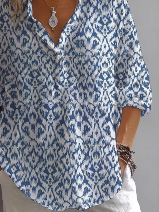 Women Geometric Long Sleeve Shirt Spring/Fall Printing Shirt Collar Daily Casual Top