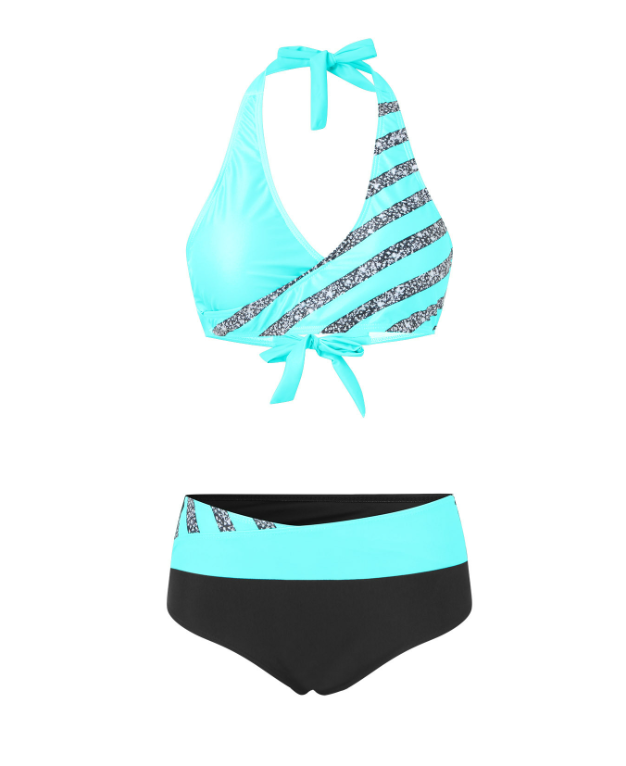 Sexy Two-piece Bikini Swimsuit Women's Striped Sequins Cross Backless Swimsuit
