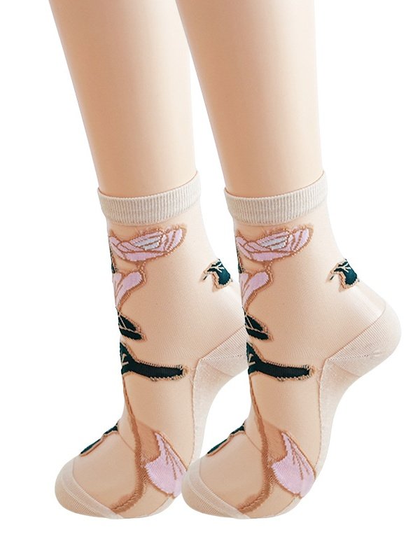 Hot Sale Women's Medium Tube Crystal Stockings Spring And Summer Thin Flower Print Glass Silk Women's Socks Non-slip Socks For Women