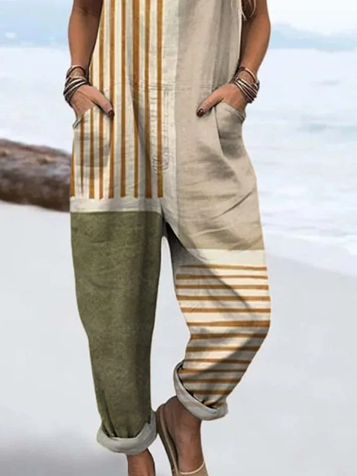 Women Striped Square Neck Sleeveless Casual Spring/Fall Bib Pants