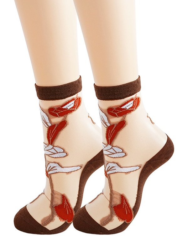 Hot Sale Women's Medium Tube Crystal Stockings Spring And Summer Thin Flower Print Glass Silk Women's Socks Non-slip Socks For Women
