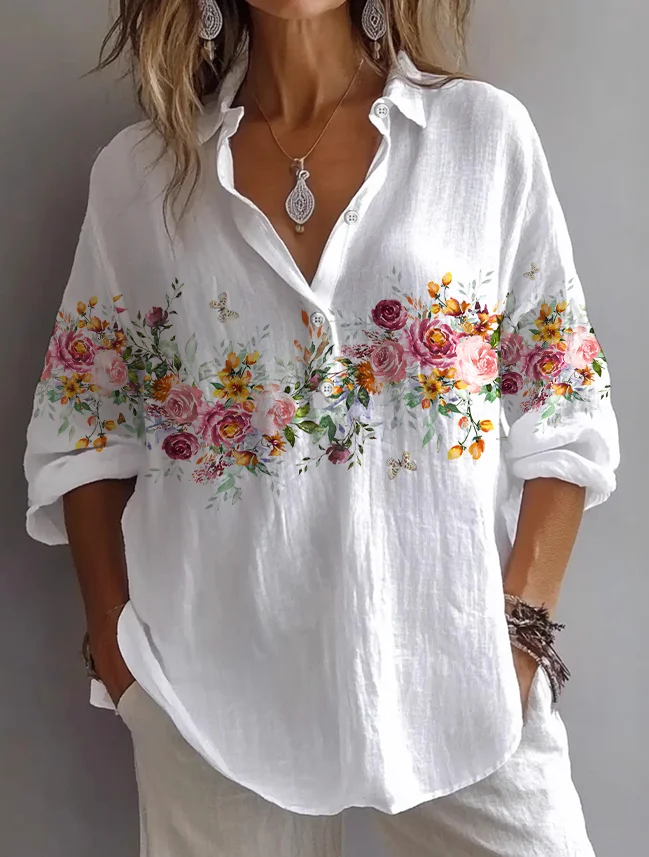 Women Floral Long Sleeve Shirt Spring/Fall Printing Shirt Collar Daily Casual Top