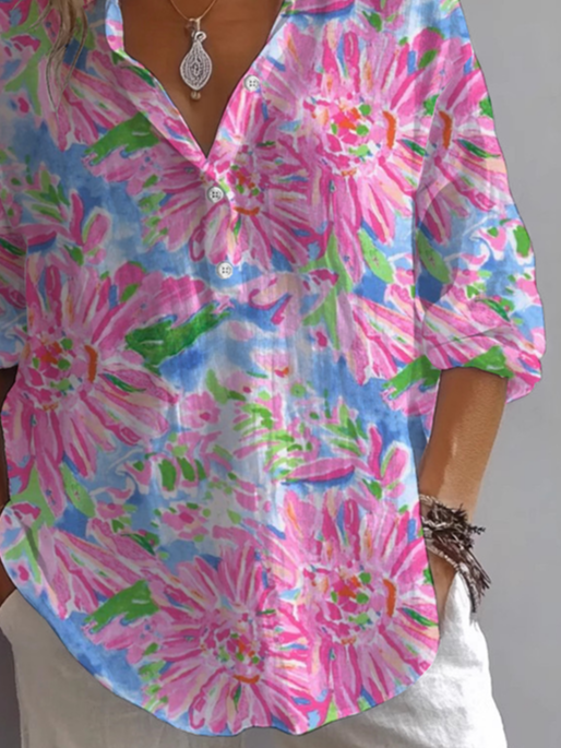 Women Floral Long Sleeve Shirt Spring/Fall Printing Shirt Collar Daily Casual Top