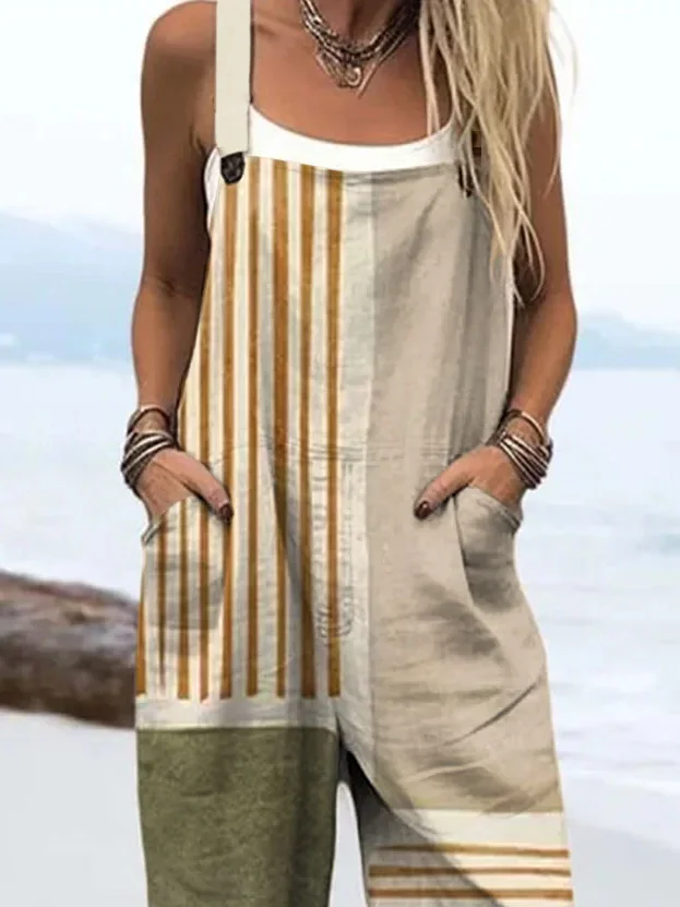 Women Striped Square Neck Sleeveless Casual Spring/Fall Bib Pants