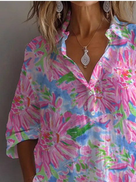 Women Floral Long Sleeve Shirt Spring/Fall Printing Shirt Collar Daily Casual Top