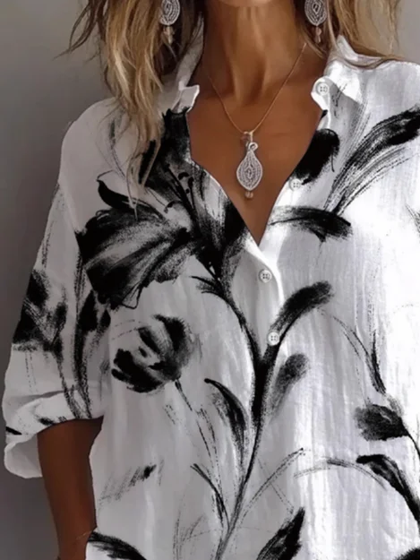 Women Floral Long Sleeve Shirt Spring/Fall Printing Shirt Collar Daily Casual Top