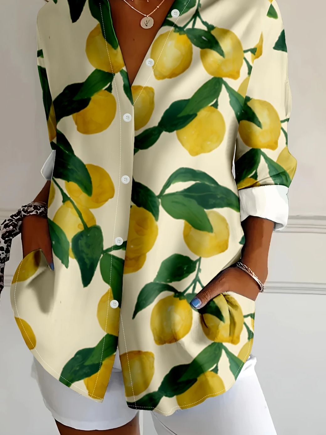 Women Lemon Long Sleeve Shirt Spring/Fall Buckle Shirt Collar Daily Casual Top